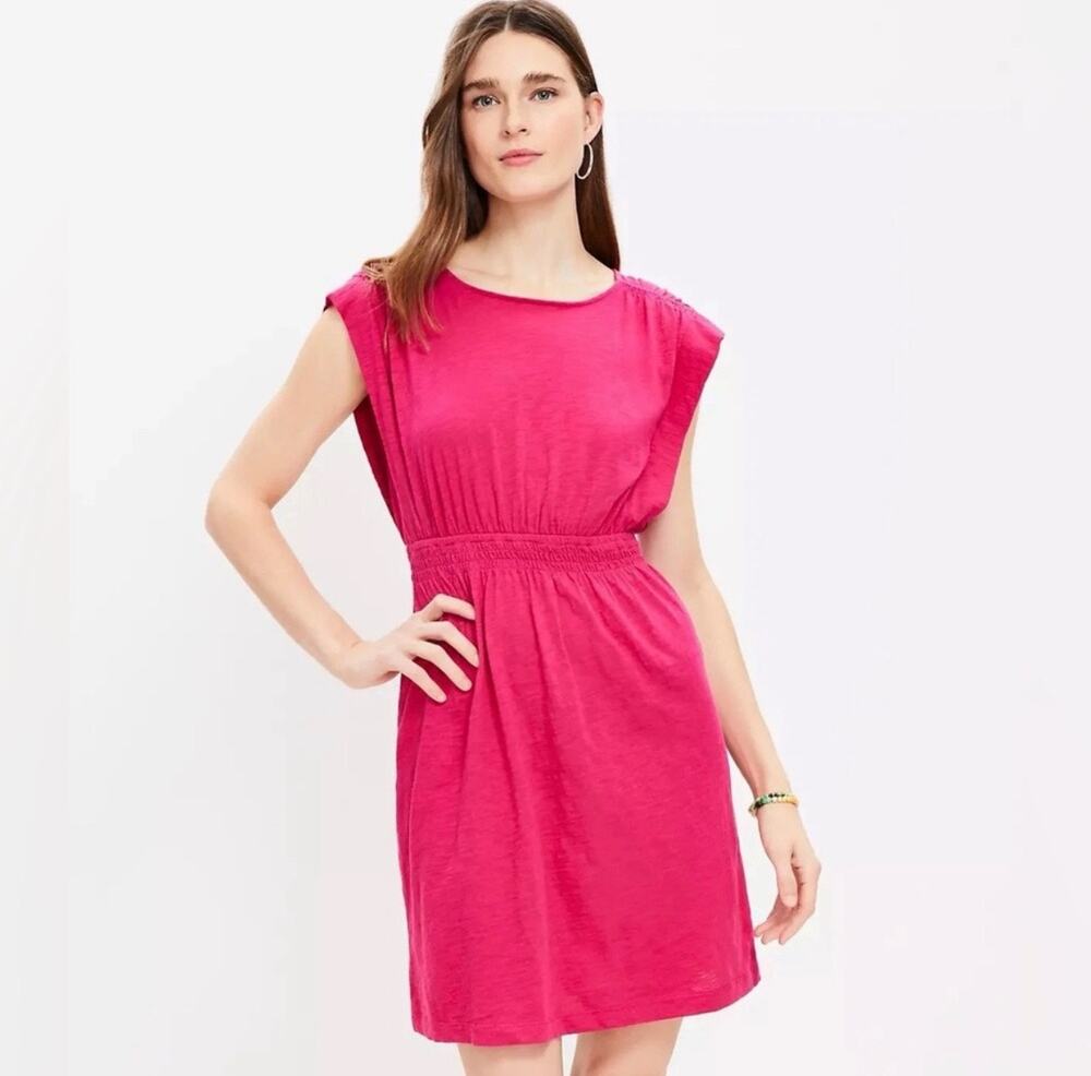 LOFT Mini Dress Magenta Pink Cap Sleeve Smocked Waist Jersey Size Small